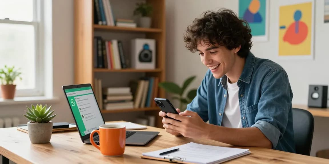 Excited user exploring WhatsApp下載 on their laptop and smartphone in a bright home office.