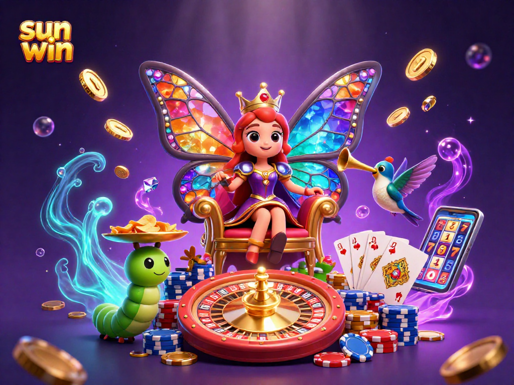 Experience the allure of sun win with a stunning 3D butterfly queen in a vibrant casino scene.