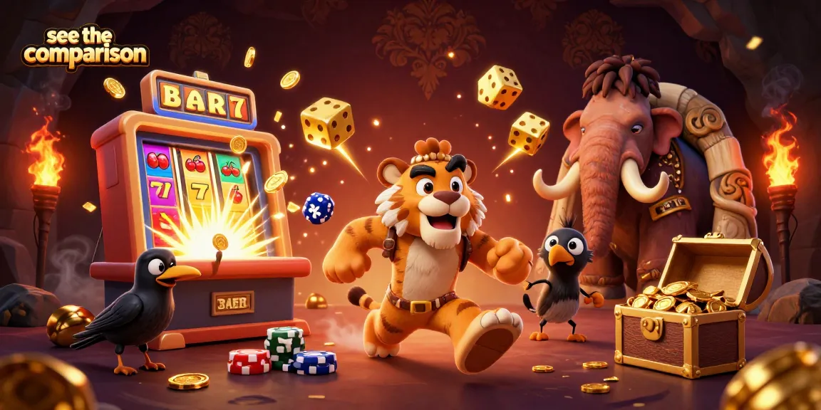 See the comparison of thrilling gaming adventures with a vibrant casino scene featuring dynamic characters and rich rewards.