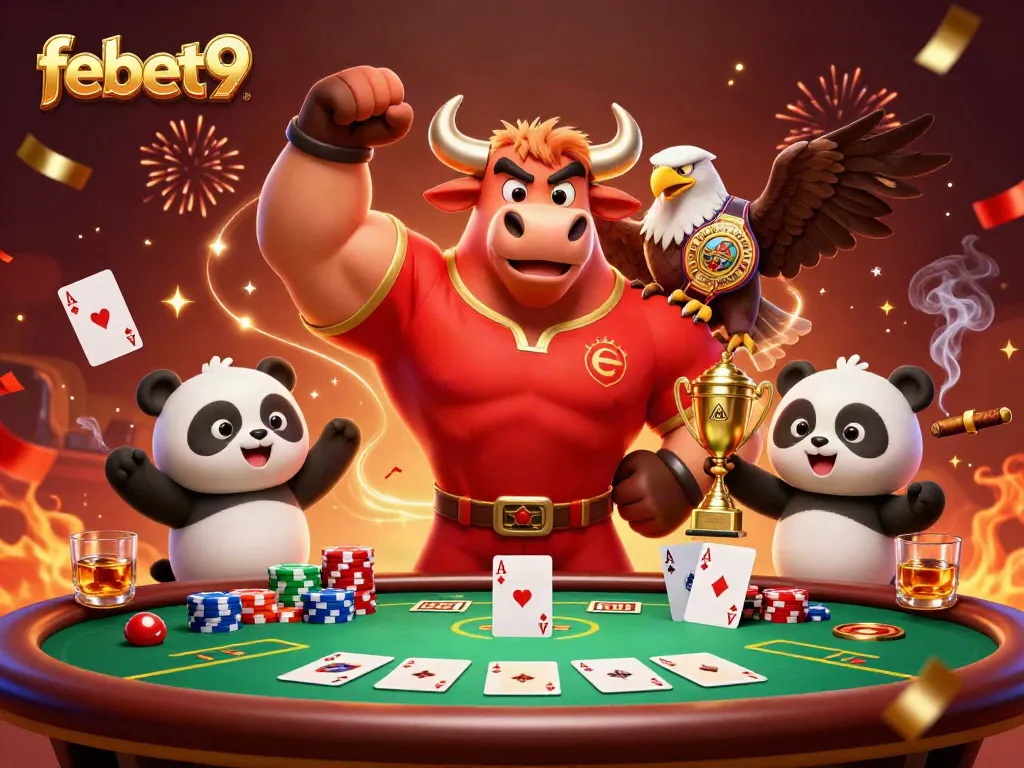 Experience the excitement of febet9 with dynamic characters celebrating winning at a poker table.