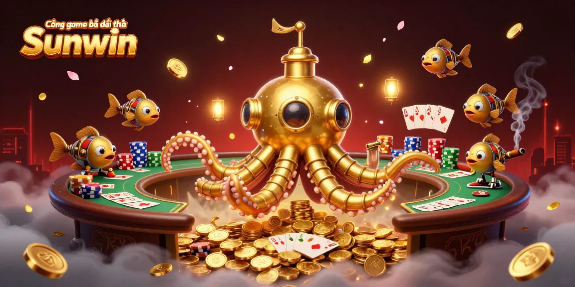 Cổng game bài đổi thưởng Sunwin showcases a thrilling underwater adventure featuring a golden kraken hybrid amidst poker elements.