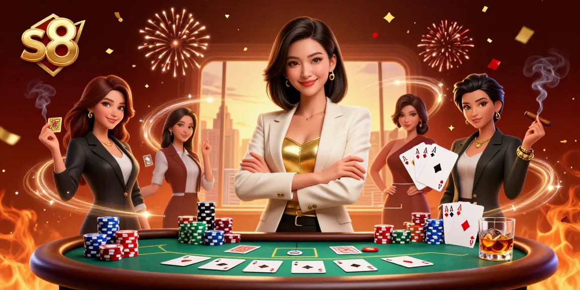 S8 captivates players with elite poker action, showcasing a glamorous dealer amidst vibrant casino elements.