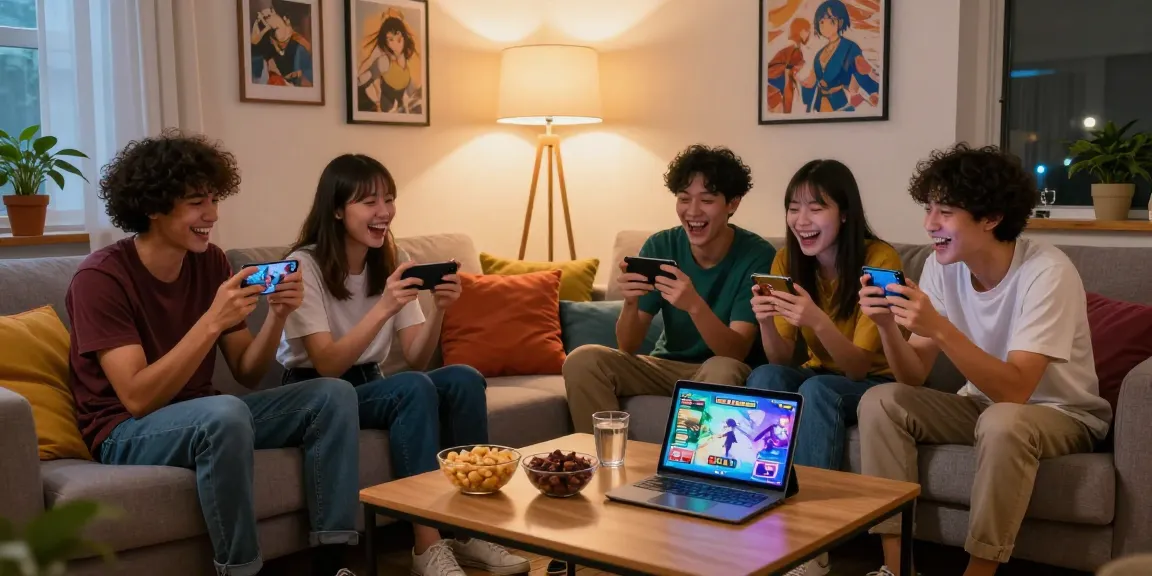 Friends enjoying free mobile hentai games together in a cozy living room.