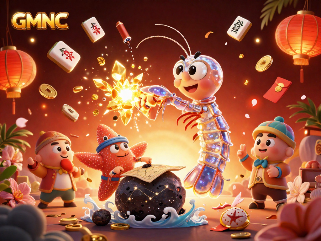 Experience GMNC with a victorious mantis shrimp bursting through asteroids, symbolizing winning gems in this vibrant casino scene.