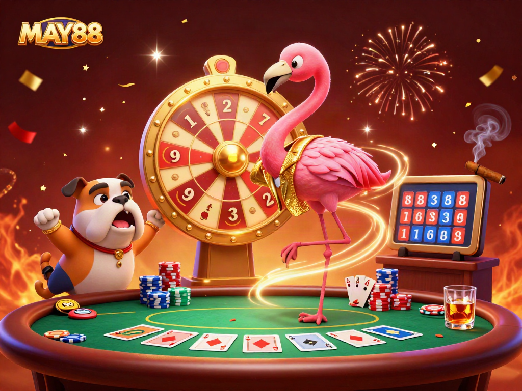 MAY88 showcases an exciting casino scene with a flamingo host, bulldog contestant, and prize details.