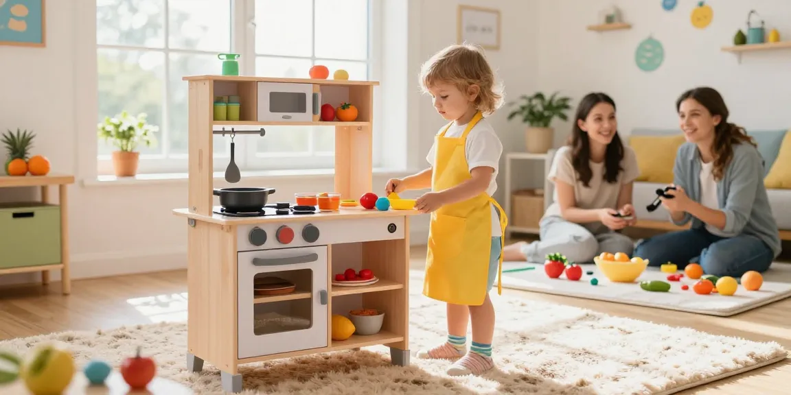 Kids kitchen play set with toddlers cooking and smiling in a bright playroom.
