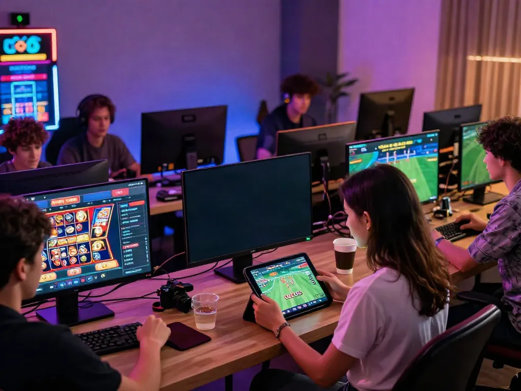 Players enjoying Uk88 online gaming with live sports betting on tablets and vibrant screens.