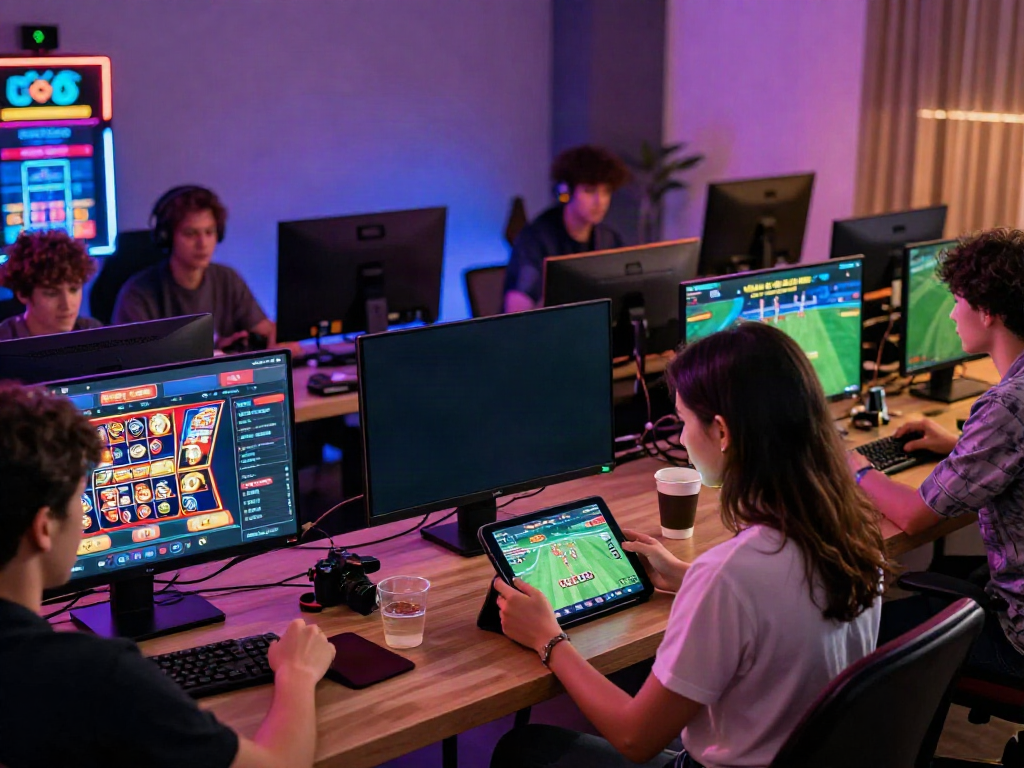 Players enjoying Uk88 online gaming with live sports betting on tablets and vibrant screens.