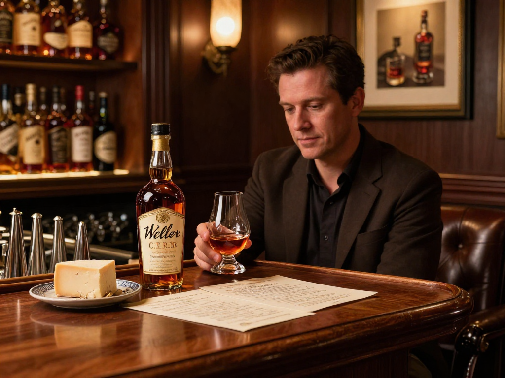 A whiskey connoisseur savoring Weller C.Y.P.B. Bourbon in a dimly lit lounge, with vintage bottles and artisanal cheese.