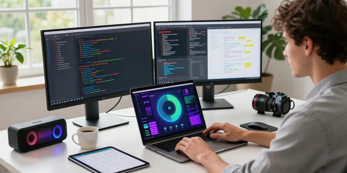 Professional in a tech workspace engaging with an AI assistant, showcasing productivity tools and vibrant data visuals.