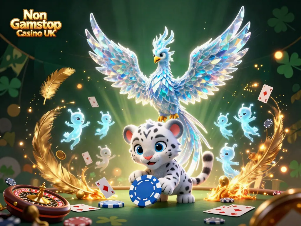 Engage with Non Gamstop Casino UK through vivid, interactive cartoon illustration featuring a phoenix and gameplay elements.