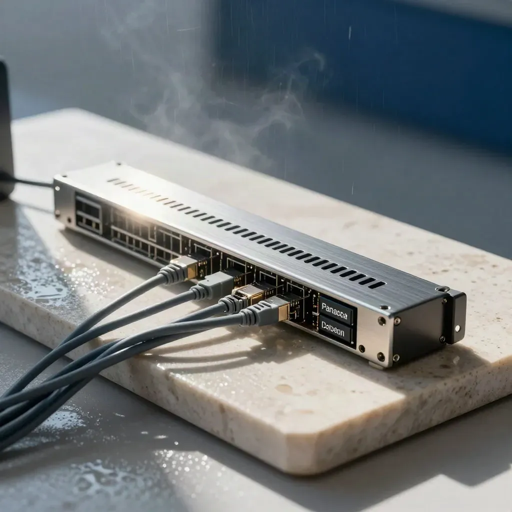 Brushed server rail, ethernet leads and SSDs on stone, lit by hard sunlight.