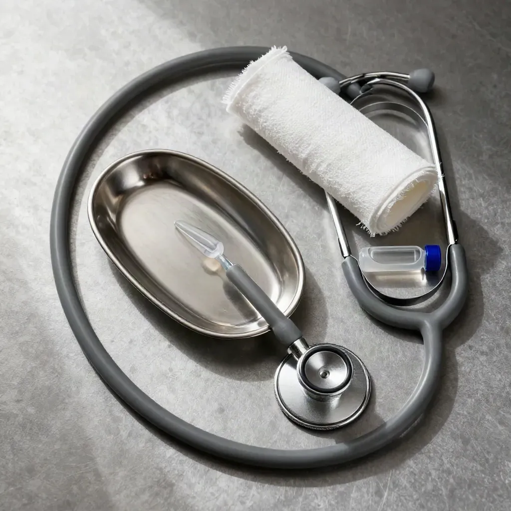 Top-down still life of stethoscope, kidney dish, gauze and ampoule tray on brushed pewter.