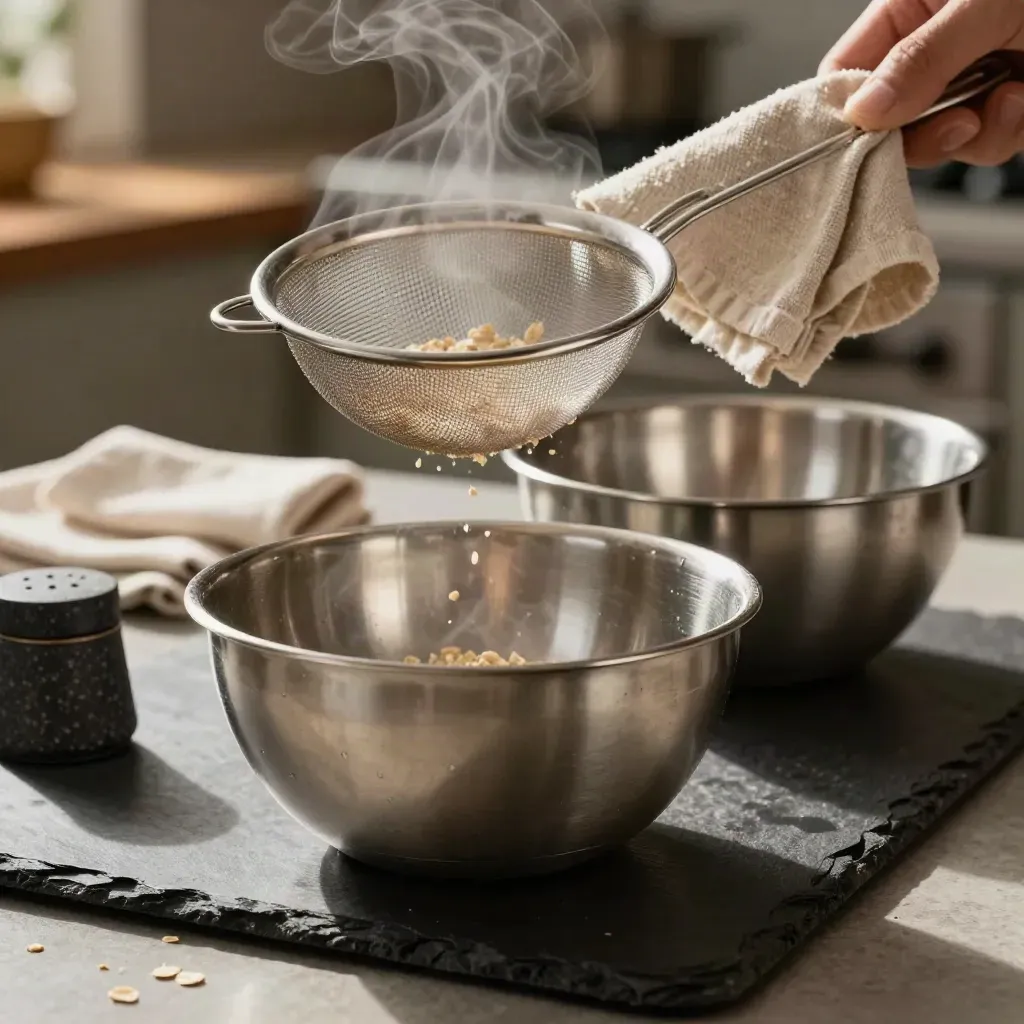 Stainless prep bowls and sieve with linen cloth and salt cellar on stone, warm steam
