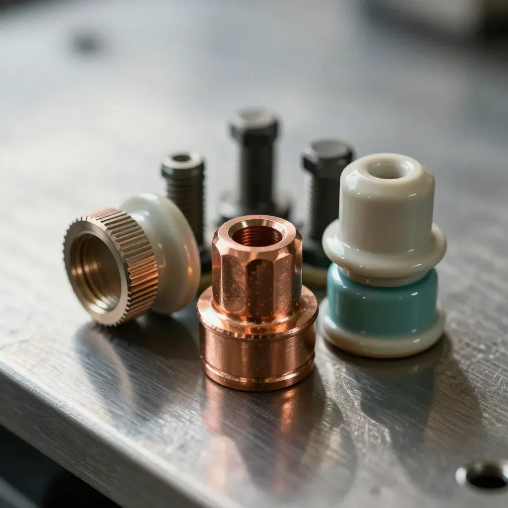 Close-up industrial still life of copper lugs, ceramic insulators, bolts and a cable gland on brushed steel.