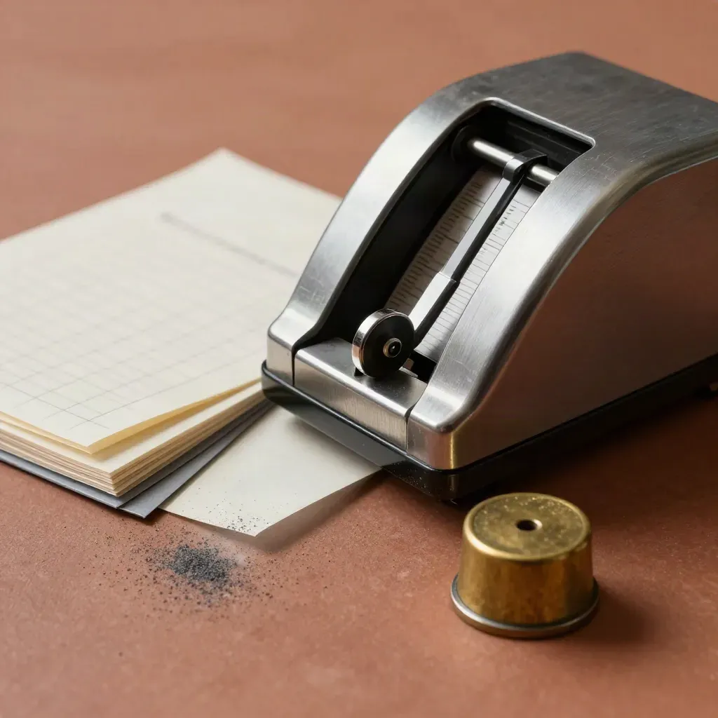 Macro of a tally counter, face-down summary cards, and brass paperweight on a slate-clay surface.