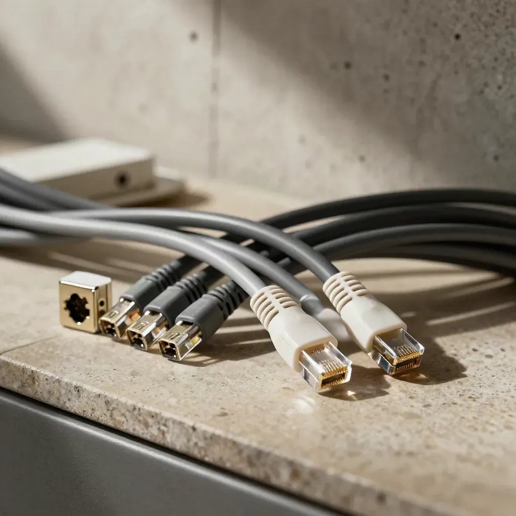 Braided ethernet leads and a Y-split coupler on a stone surface