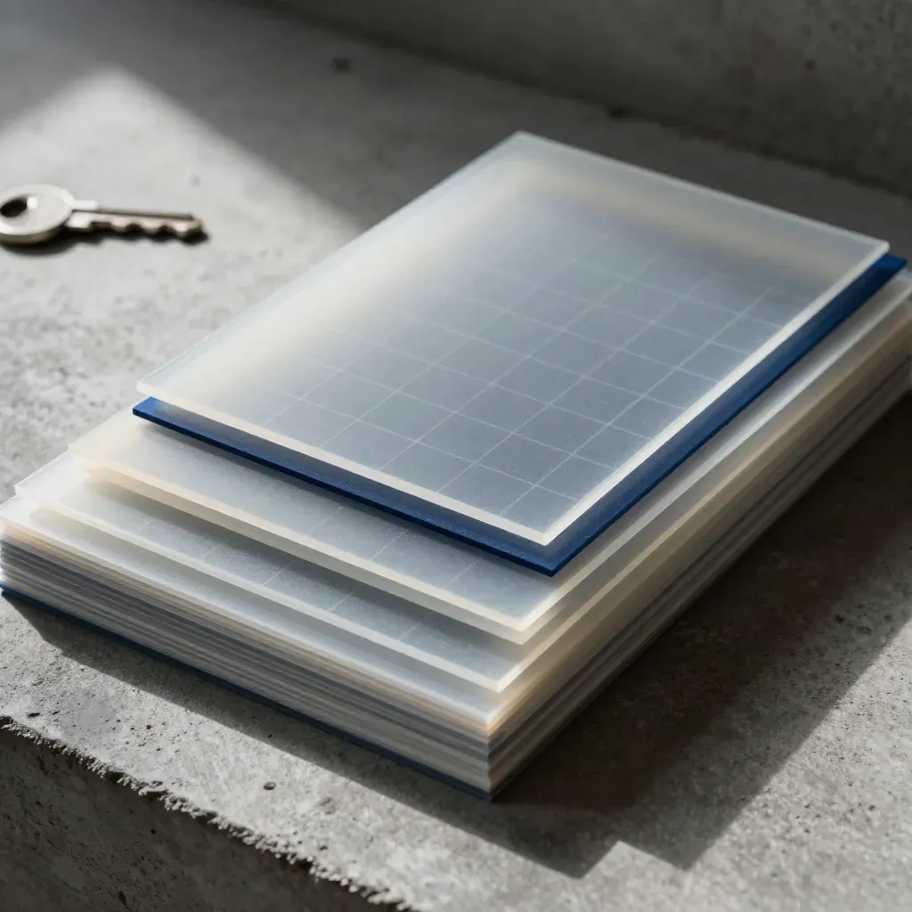 Stacked acetate sheets, grid tiles, and drafting clips on concrete with a deep blue accent.