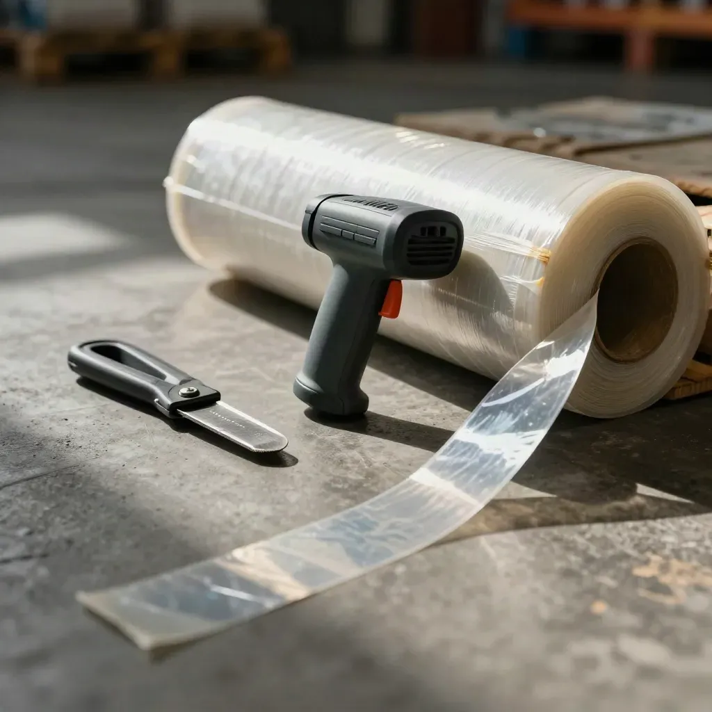 Warehouse scanner, wrap, cutter, and strapping on a dusty concrete floor