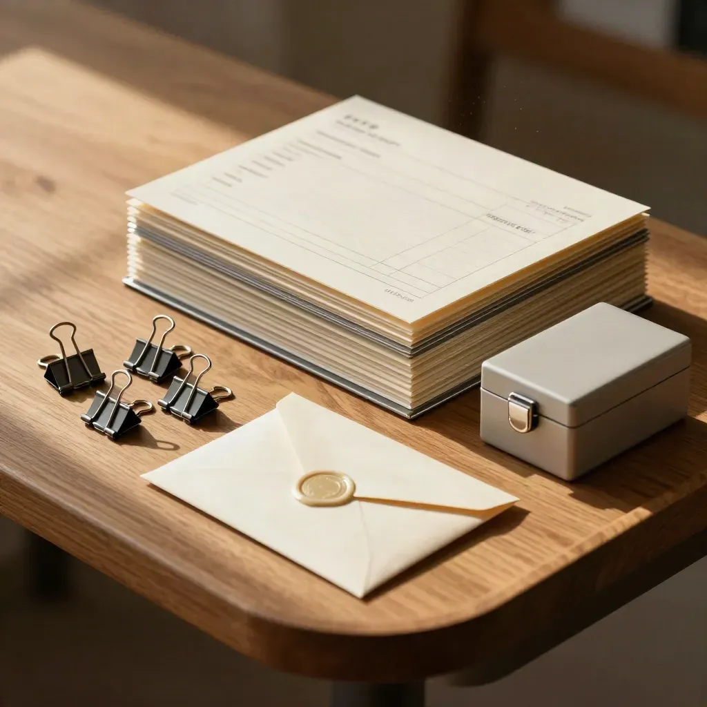 Top-down SME admin still life with invoice trays, cash box, binder clips and sealed envelopes.