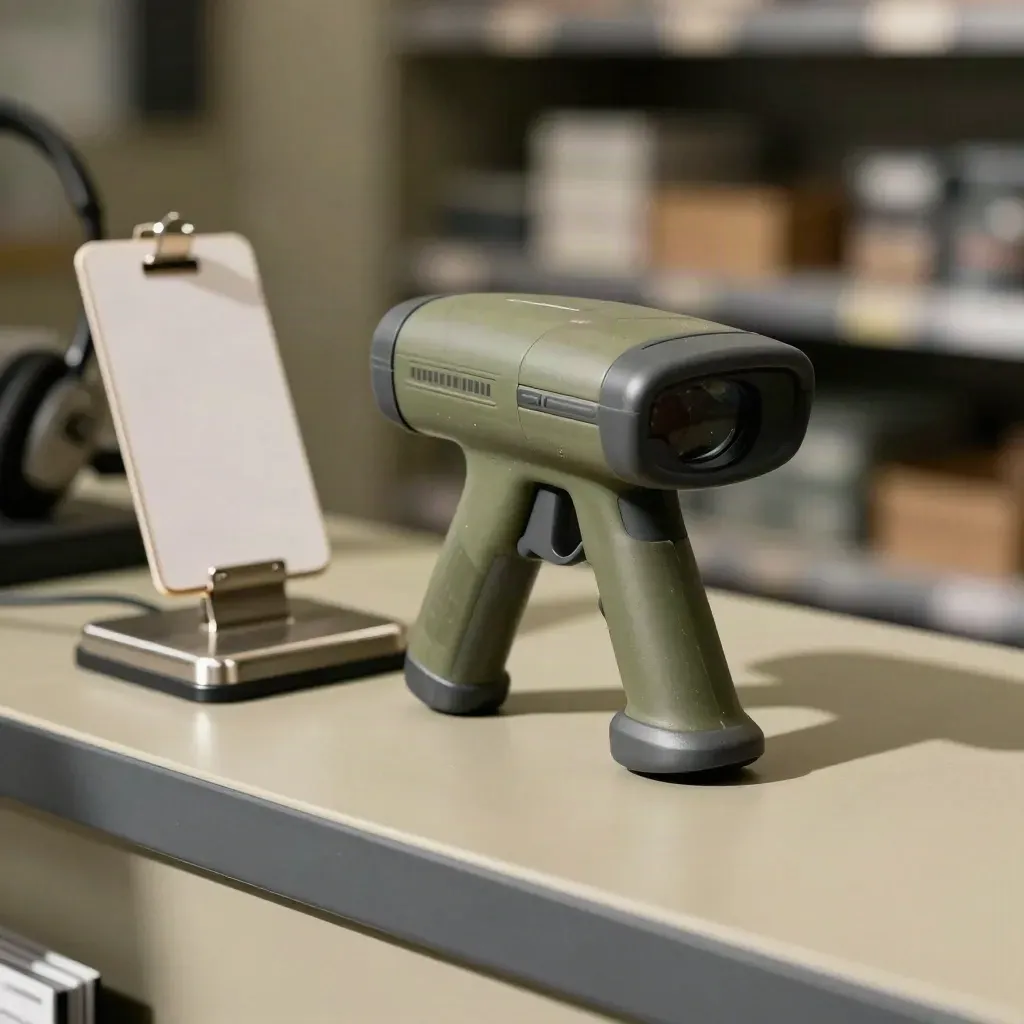 Barcode scanner, headset stand, stock clip and folded shelf tag on a service counter