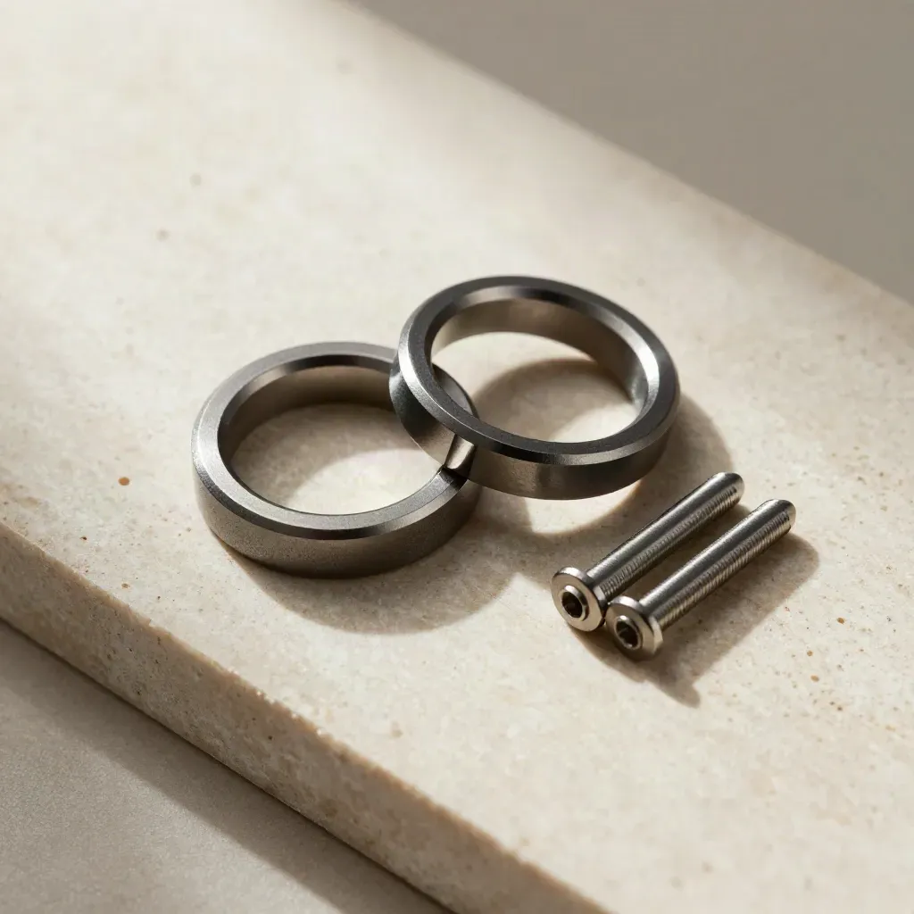 Interlocked coupling rings with connector block and precision pins on pale stone.