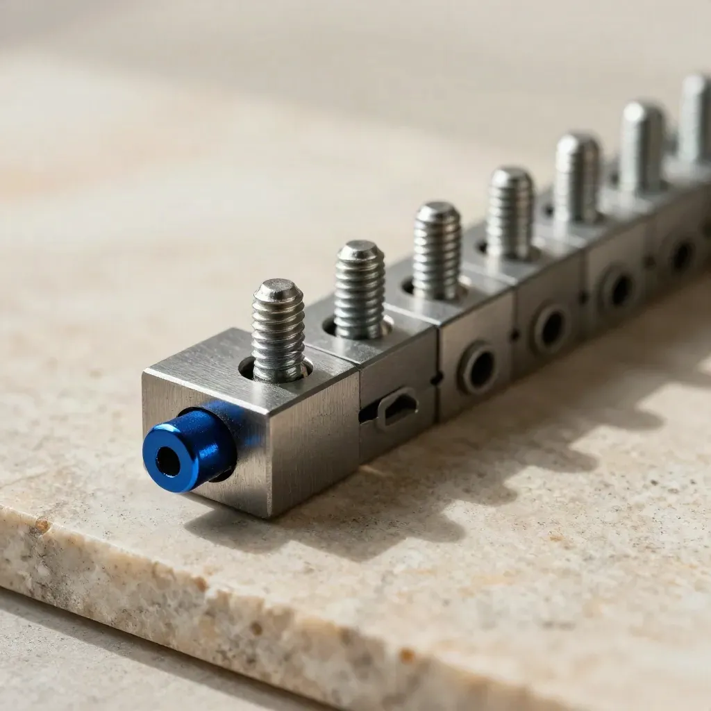 Interlocking metal blocks and steel pins on stone, clicked into a diagonal chain with deep blue accent.