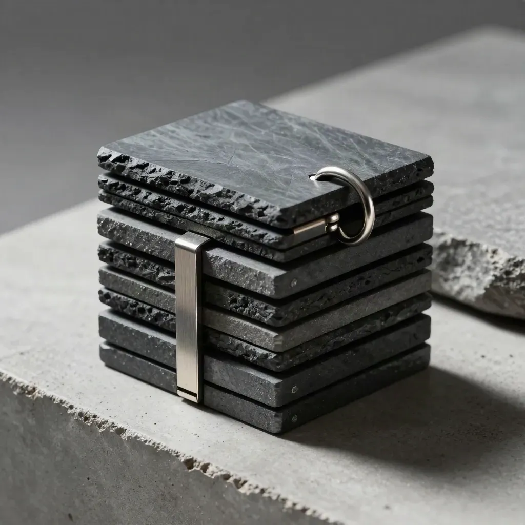 Graphite cubes and hinge plates opening into a linked sequence on concrete, dramatically lit.