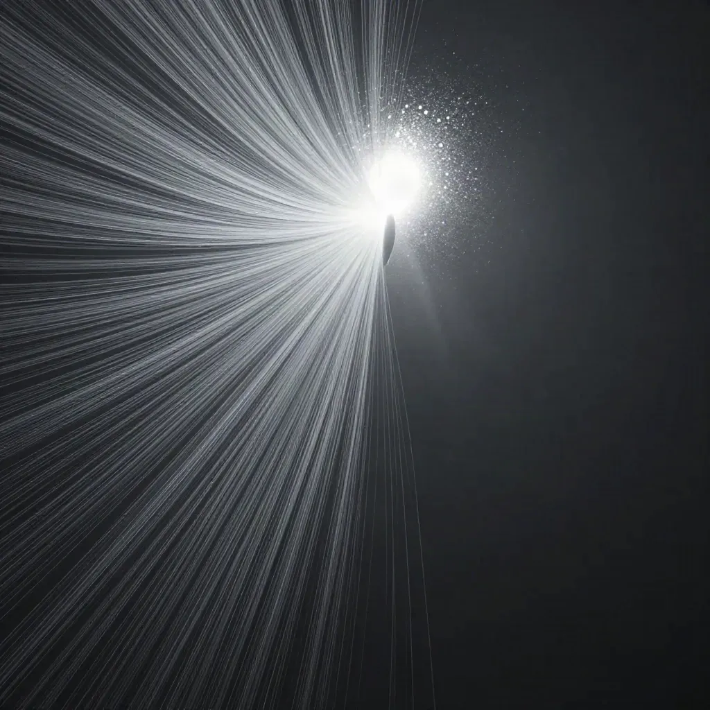 Silver filaments converge into a soft white bloom in graphite haze, off-centre and luminous.