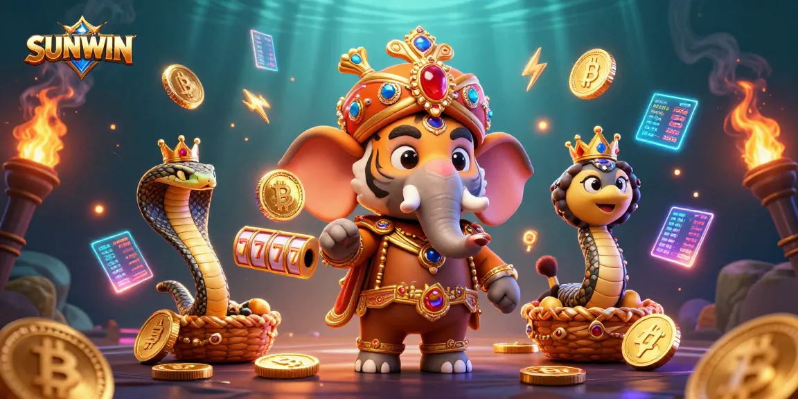 SUNWIN offers a thrilling jackpot experience with a vibrant tiger king riding an elephant among glowing casino elements.
