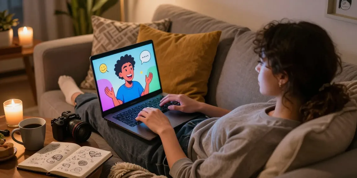 AI sexting interaction on a laptop, cozy atmosphere with warm lighting and playful decor.