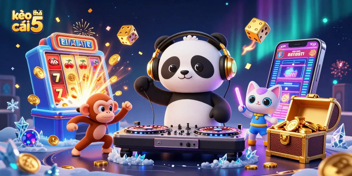 Engage with kèo nhà cái 5 while enjoying a vibrant casino scene featuring lively characters.