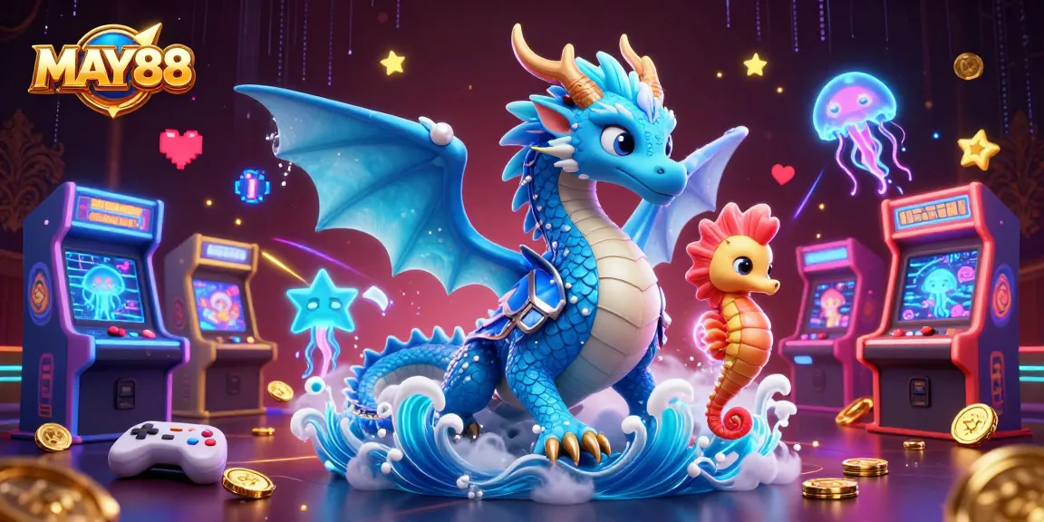 MAY88 promotes excitement in gaming with a stunning dragon, seahorse knight, and glowing jellyfish.