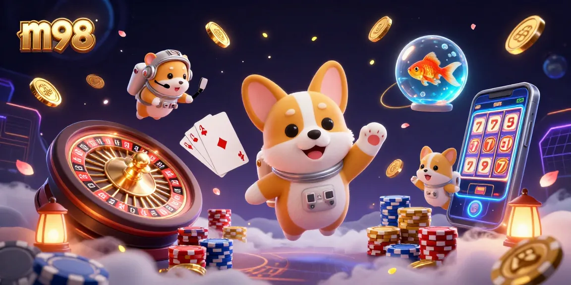 Experience thrilling m98 gaming actions with a floating casino scene featuring a corgi astronaut and vibrant elements.