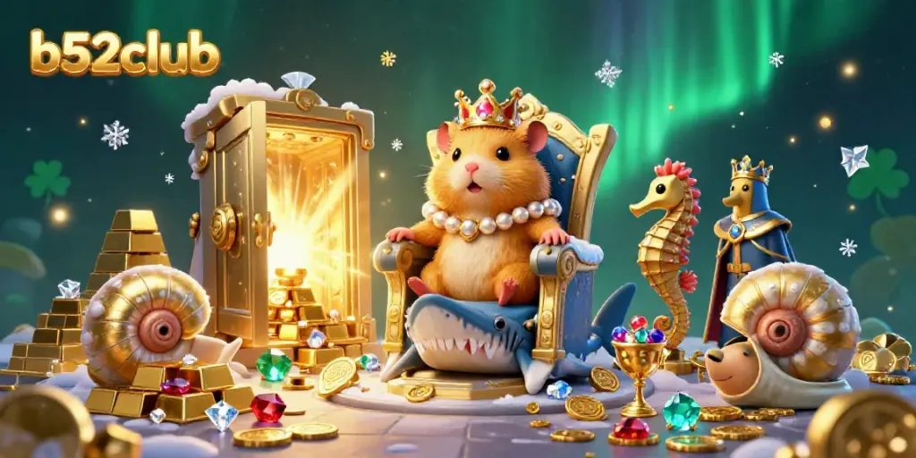 Experience the thrilling excitement of b52club with a golden hamster king in a treasure-filled casino scene.