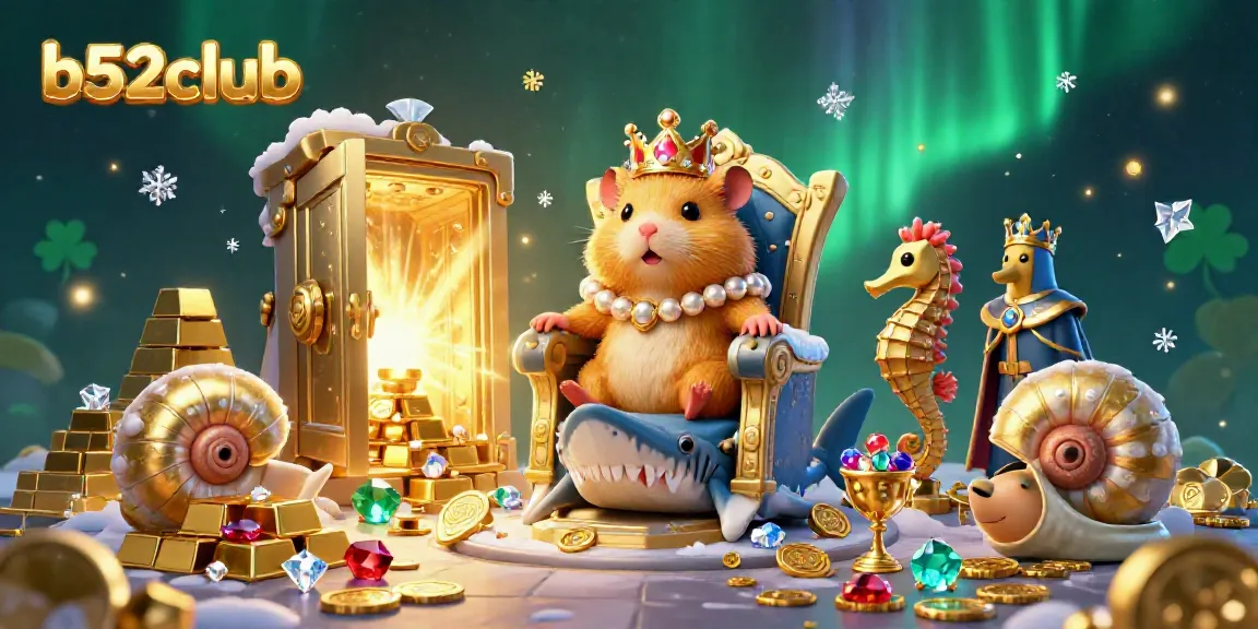 Experience the thrilling excitement of b52club with a golden hamster king in a treasure-filled casino scene.