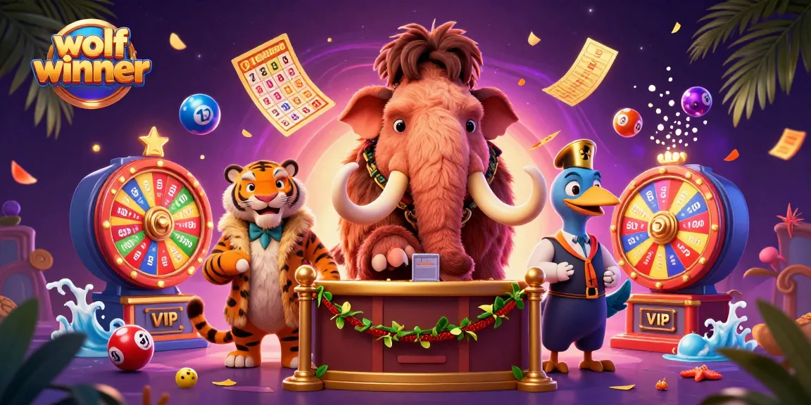 wolfwinner showcases a vibrant lottery scene with colorful balls and characters at a casino entrance.