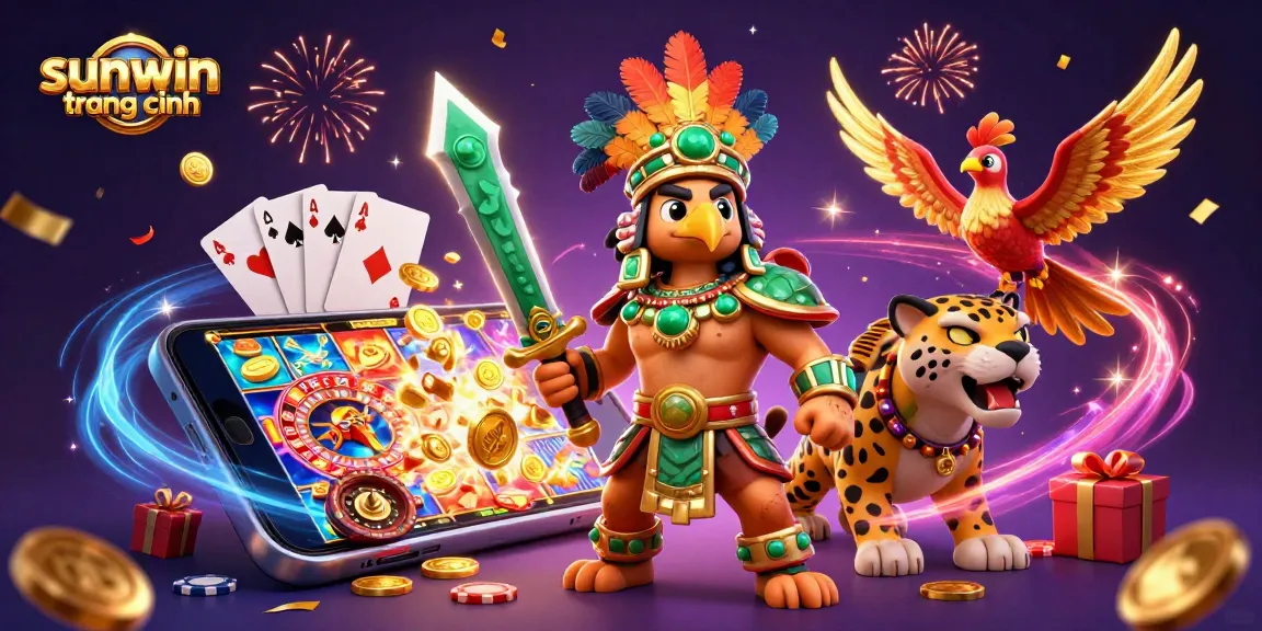 Experience the thrilling action of sunwin trang chính with a vibrant 3D casino scene packed with game elements.