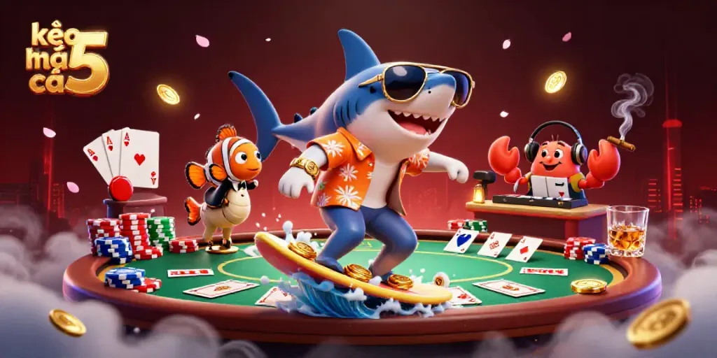 Experience the excitement of kèo nhà cái 5 with a lively cartoon scene showcasing vibrant characters and rich gaming elements.