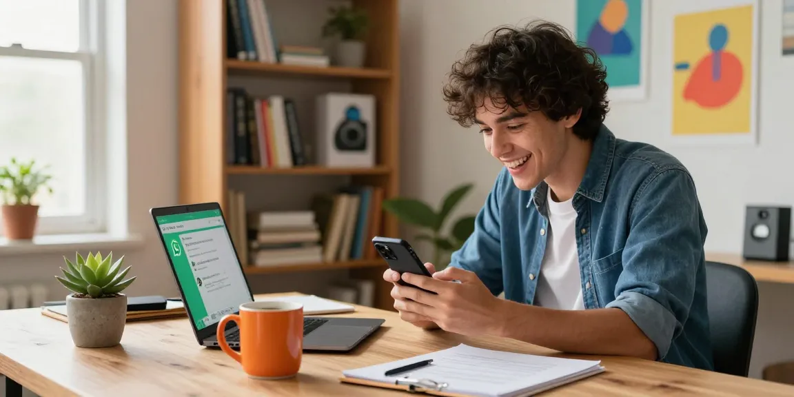 Excited user exploring WhatsApp下載 on their laptop and smartphone in a bright home office.