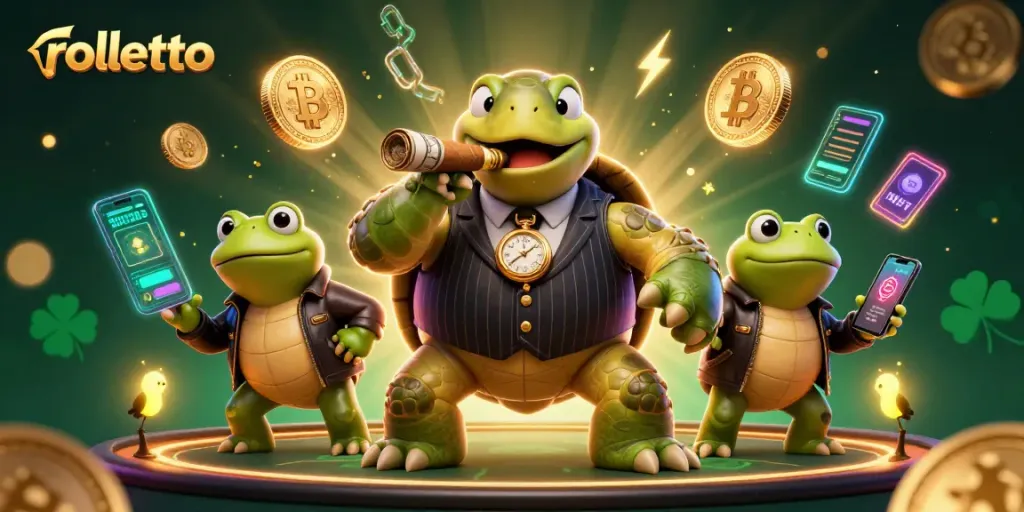 Engage with rolletto's vibrant casino scene featuring a snapping turtle in a suit and bullfrog enforcers.