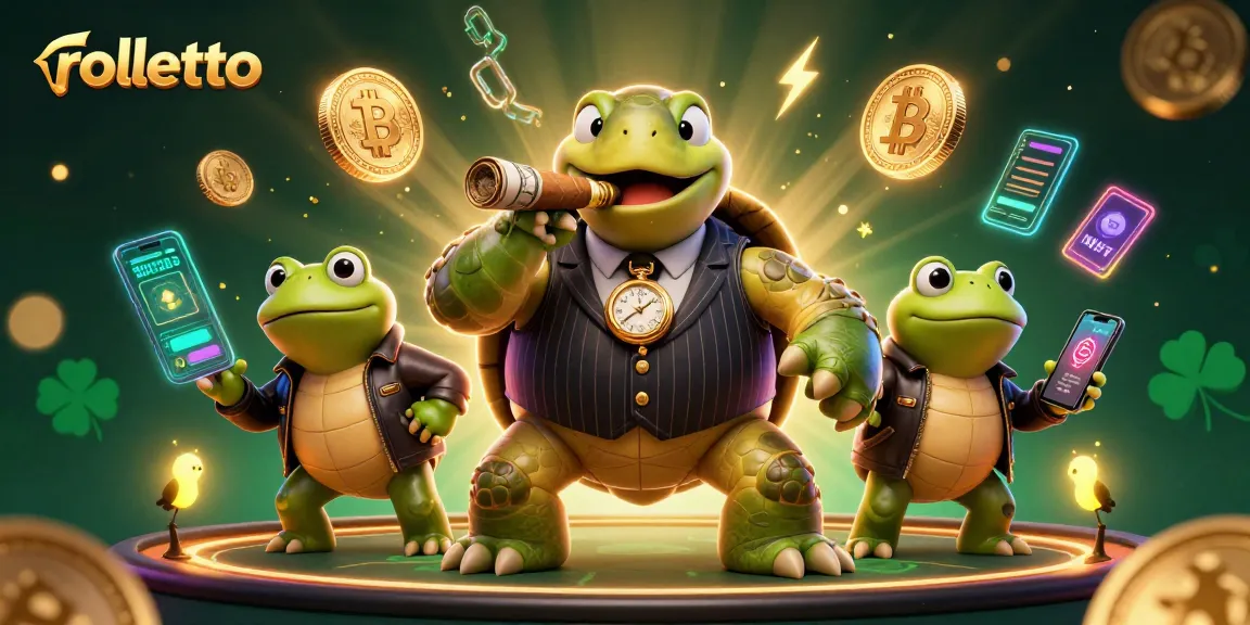 Engage with rolletto's vibrant casino scene featuring a snapping turtle in a suit and bullfrog enforcers.