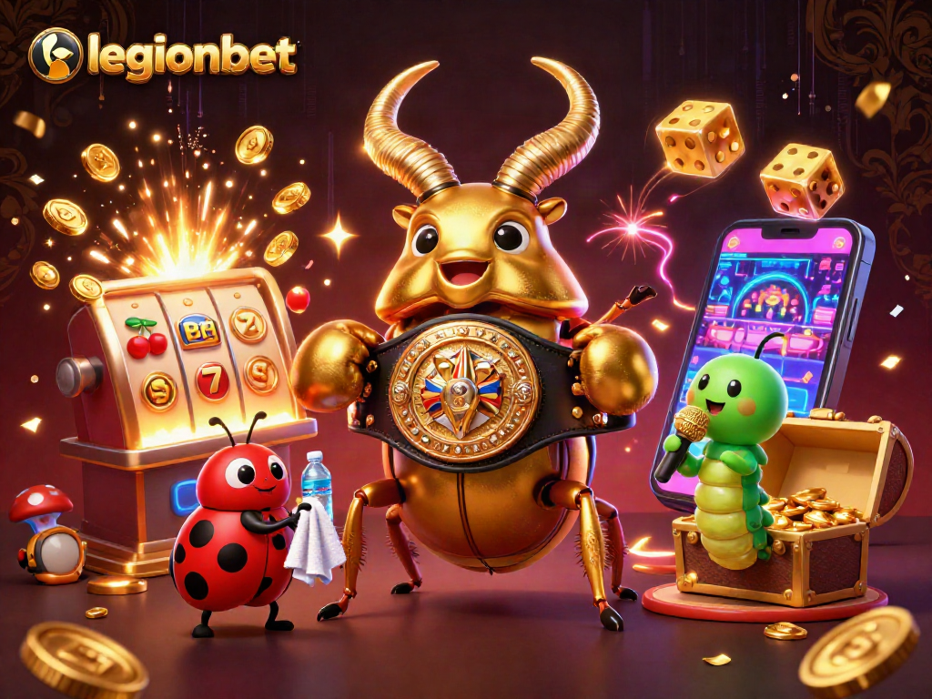 Experience the excitement of legionbet with a vibrant scene of a golden stag beetle, casino elements, and more!