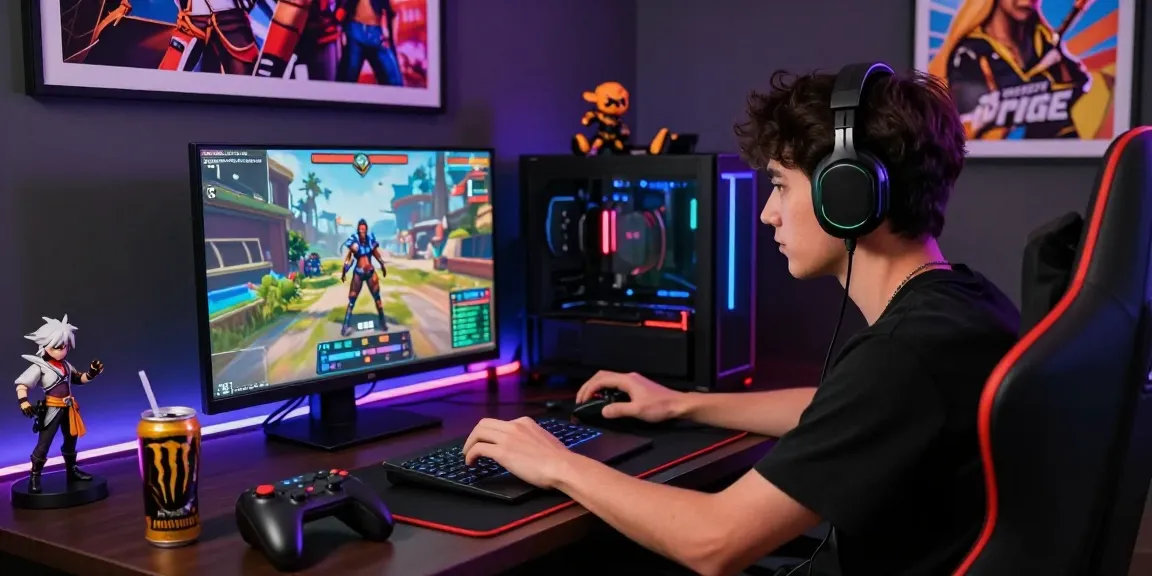 Immersive gaming setup showcasing a player engaging in real porn games, surrounded by colorful LED lights and gaming accessories.