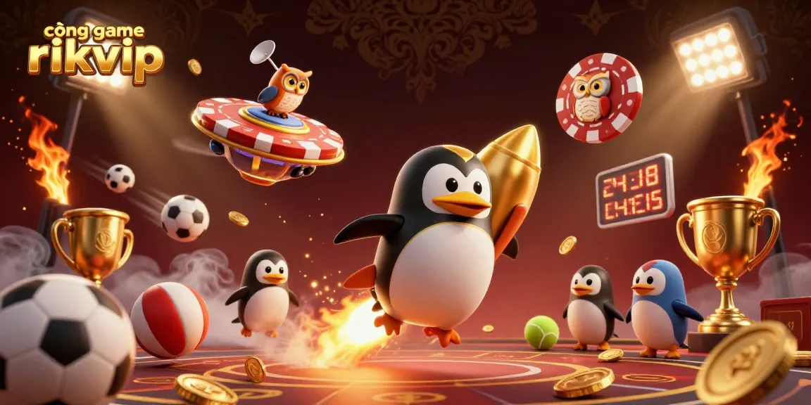 Experience gaming excitement at cổng game rikvip with a dynamic scene featuring a golden penguin in space.
