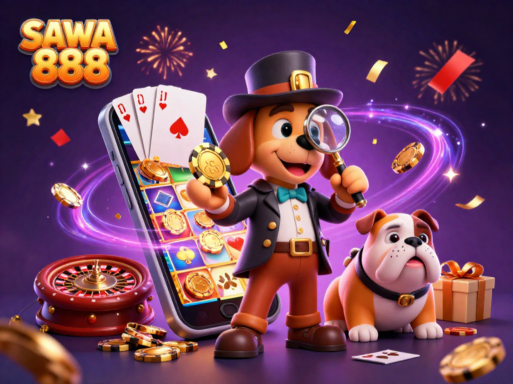 Spin to win with SAWA 888 while a detective unveils hidden treasures in a vibrant casino scene.