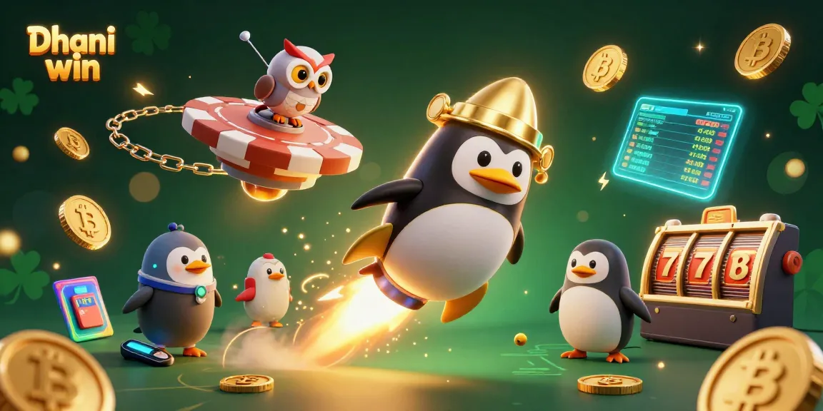 Dhani win showcases exciting gameplay with a golden penguin and vibrant casino elements flying through space.